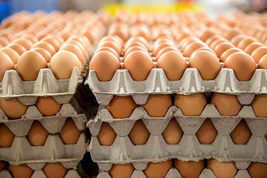 Photo of brown eggs stacked in cartons.