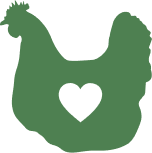 A green silhouette of a chicken with a heart cutout in the center, symbolizing care and well-being for poultry.